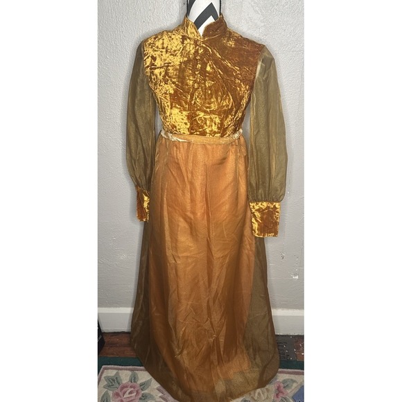 Vintage Dresses & Skirts - Vintage Homemade Crushed Gold Velvet Hostess Dress 50s 60s Sheer organza? Maxi